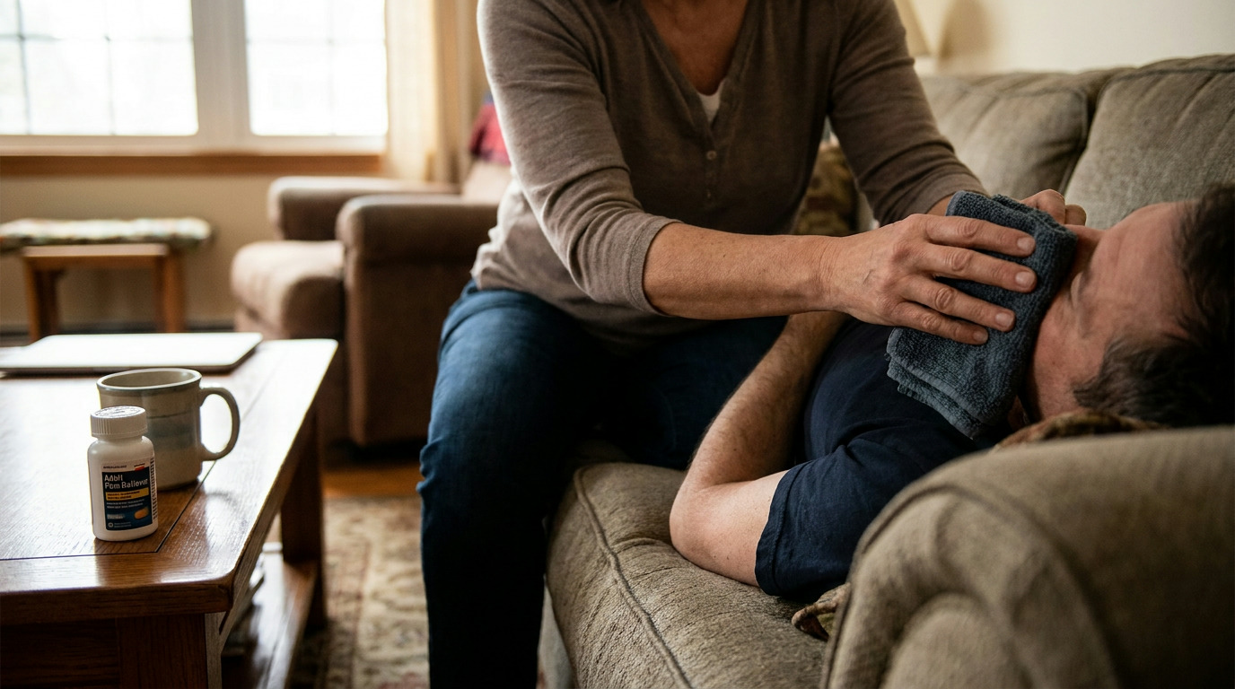 A person in a brown shirt and blue jeans gently holds a blue cloth to the cheek of another person lying on a couch, with a bottle of "Adult Pain Reliever" and a mug on a nearby coffee table.