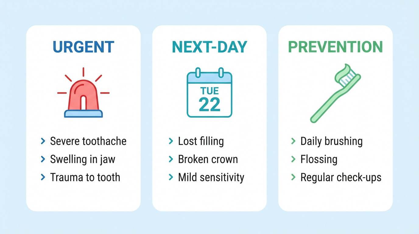 An infographic displays three columns: Urgent with a red siren icon and text listing severe toothache, swelling in jaw, and trauma to tooth; Next-Day with a blue calendar icon showing TUE 22 and text listing lost filling, broken crown, and