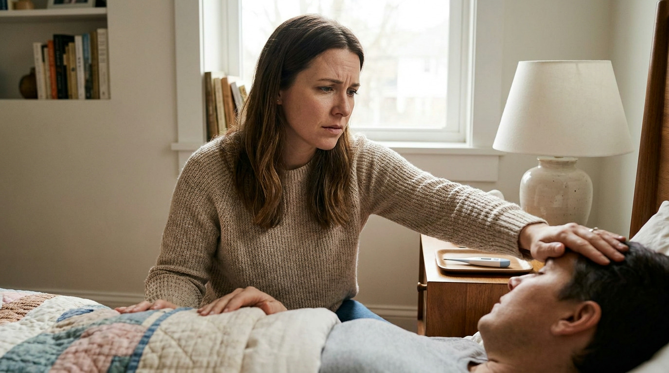 Mia, with a concerned expression, kneels beside a bed, touching the forehead of a person lying down under a quilt, with a digital thermometer visible on the bedside table.