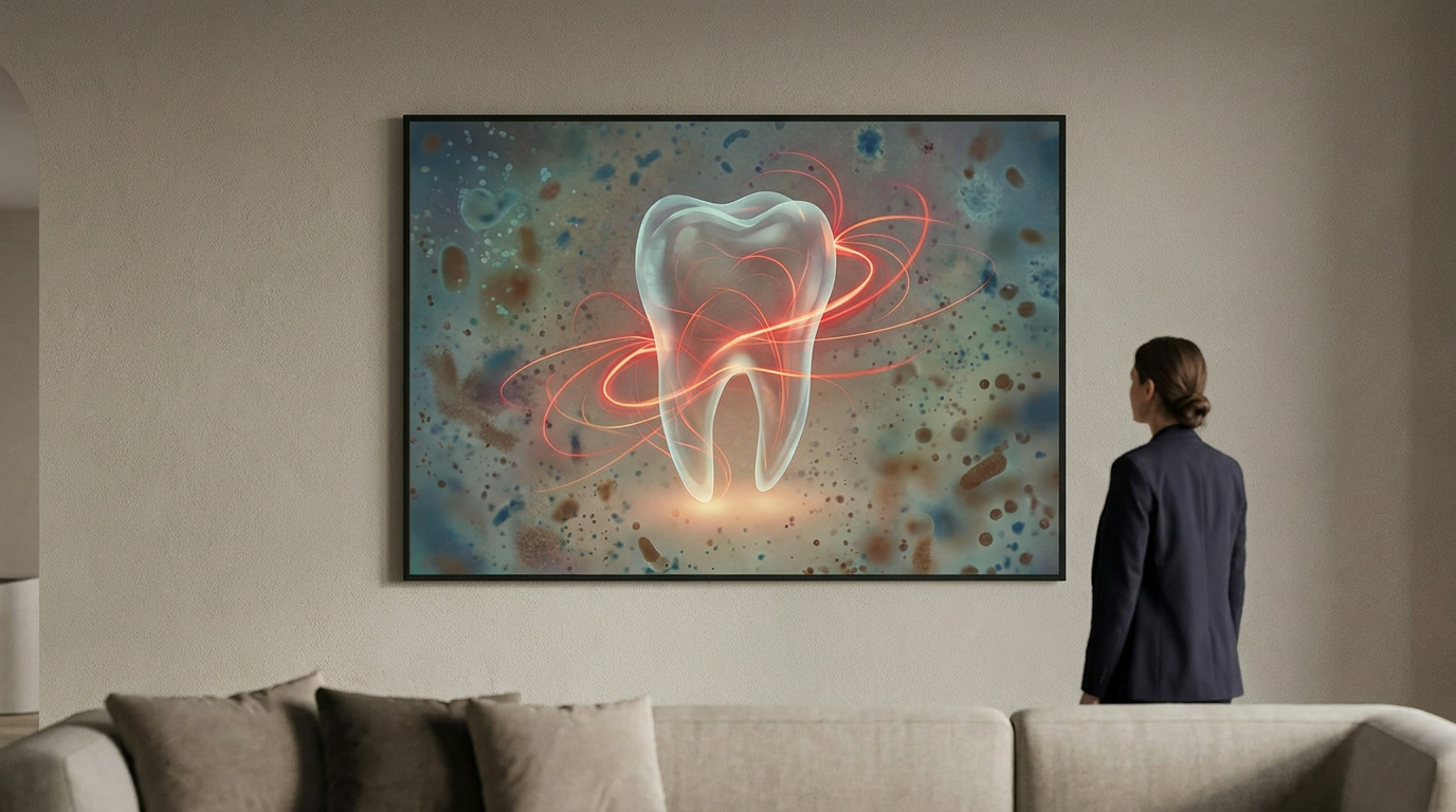 A person in a dark jacket stands with their back to the viewer, looking at a large screen displaying a glowing tooth with red lines and microbial patterns.