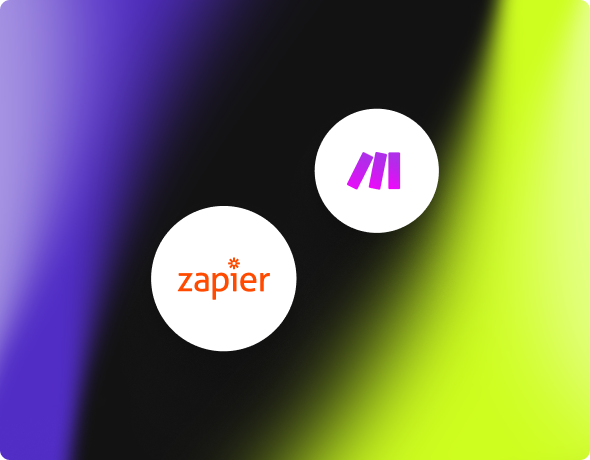 Two white circles on a purple, black, and lime gradient background featuring the Zapier logo in orange and the Make logo in purple.