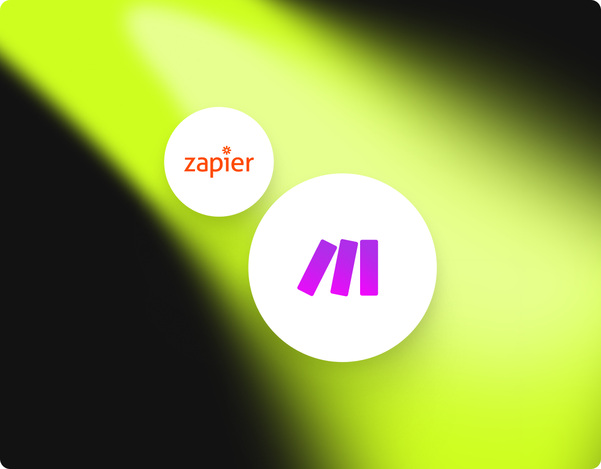 Spotlight on two white circles with logos, smaller circle with orange Zapier logo and larger circle with pink and purple abstract bars.