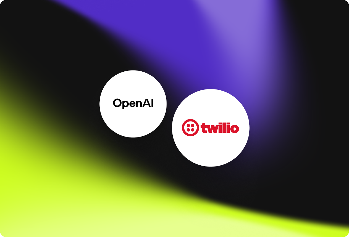 Two white circles on a black background with purple and yellow gradients, featuring the OpenAI text logo on the left and red Twilio logo on the right.