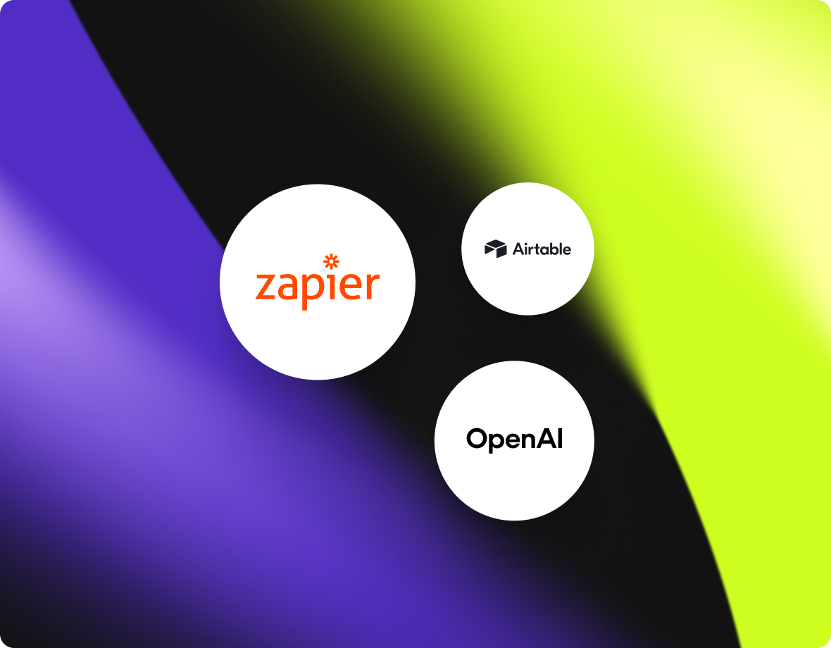 Three white circles with the logos and names of Zapier, Airtable, and OpenAI on a black background with purple and neon green gradients.