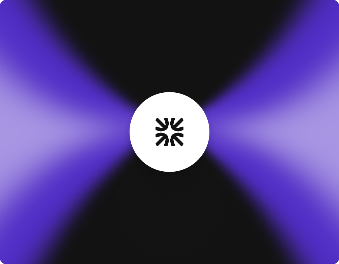 White circle with four black arrows pointing inward on a background of black and purple gradient light rays spreading outward.