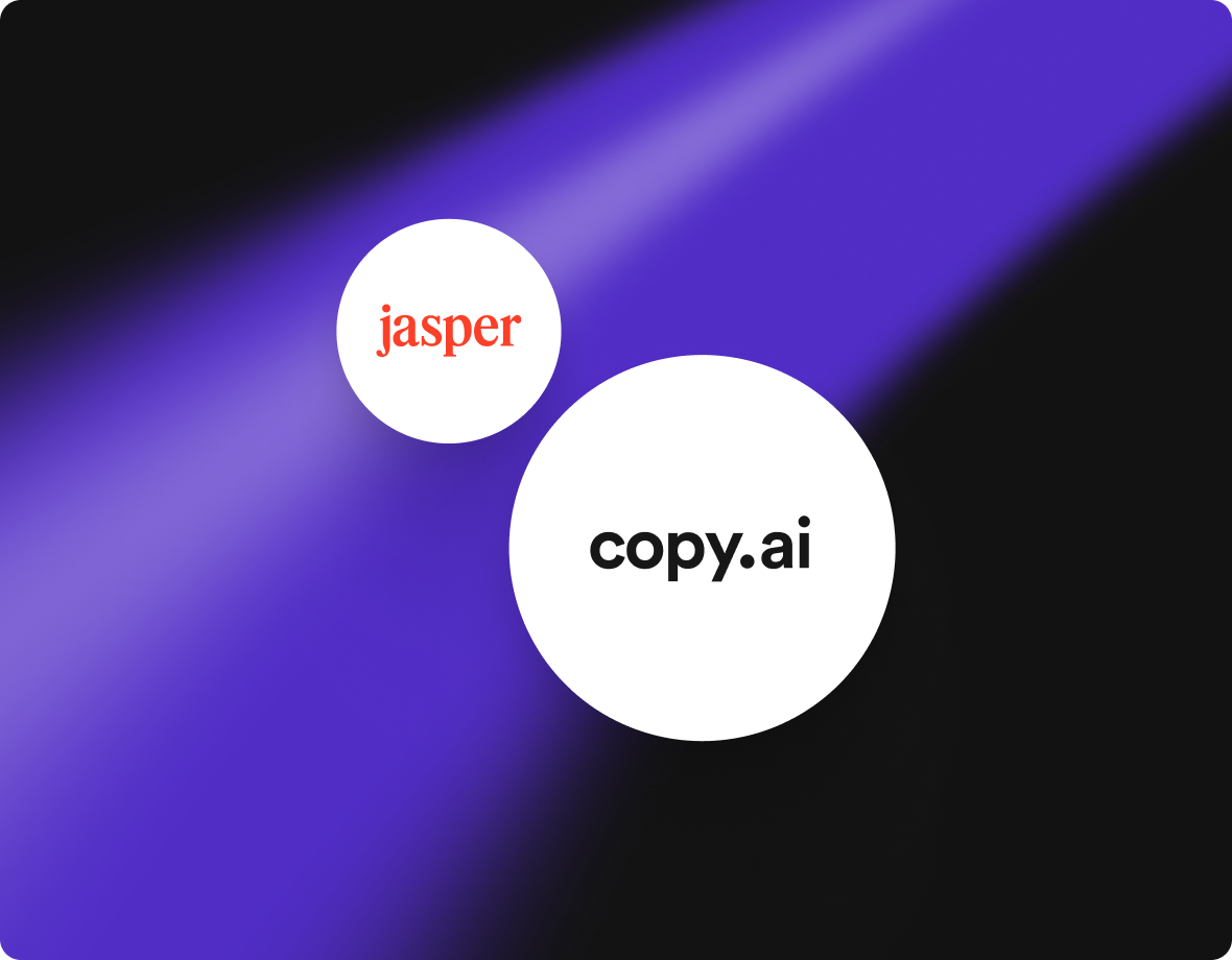 Two white circles on a purple and black gradient background, with "jasper" in red text in the smaller circle and "copy.ai" in black text in the larger circle.