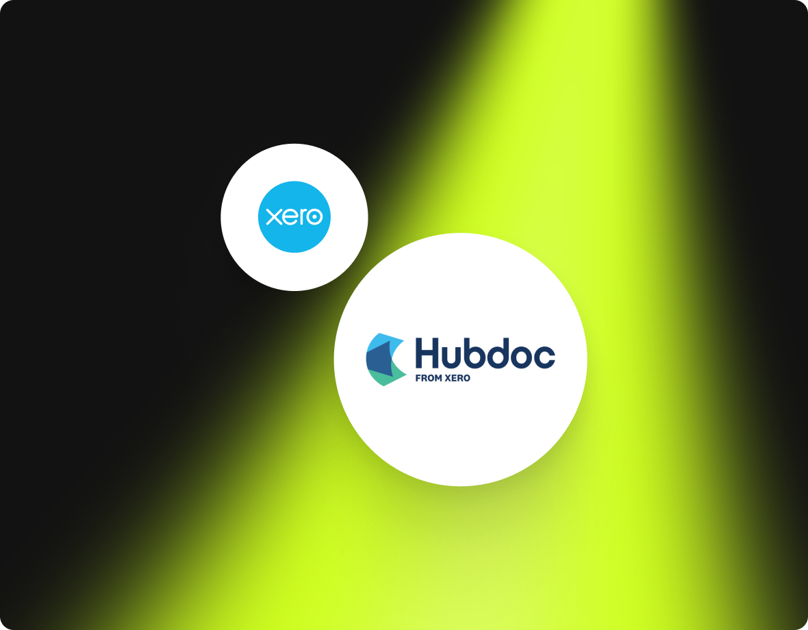Hubdoc logo with the text 'FROM XERO' and smaller Xero logo above on a black background with a yellow-green gradient spotlight.