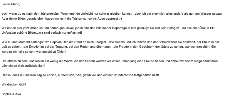 Hochzeitsfotografie Würzburg feedback
