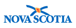 Logo with the text 'Nova Scotia' in blue and a red and gold crest between two blue curved lines above the text.