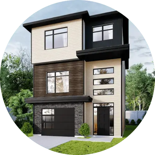 Modern three-story house with mixed beige, brown, and black exterior panels, large windows, and a black garage door surrounded by greenery. Signature Home Builders in Halifax, Nova Scotia