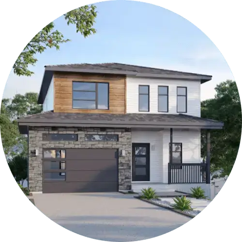 Modern two-story house with a combination of stone, wood, and white siding, featuring a double garage and a small porch. Signature Home Builders in Halifax, Nova Scotia