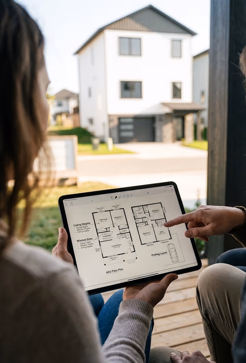Clients viewing digital ADU floor plan layouts on a tablet while standing on-site at a modern residential construction project.