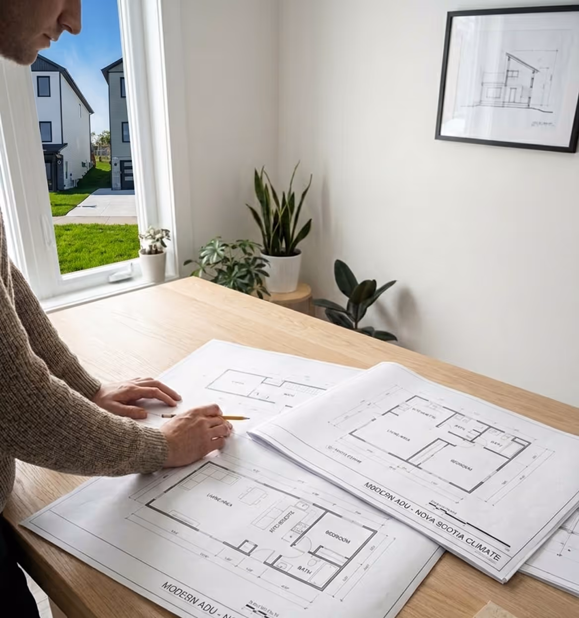 A designer at Signature Home Builders reviewing printed floor plans for a modern ADU specifically designed for the Nova Scotia climate