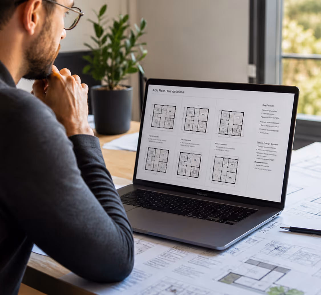 A collaborative design session showing multiple high-end architectural ADU visualizations on a laptop screen with physical sketches in a bright workspace