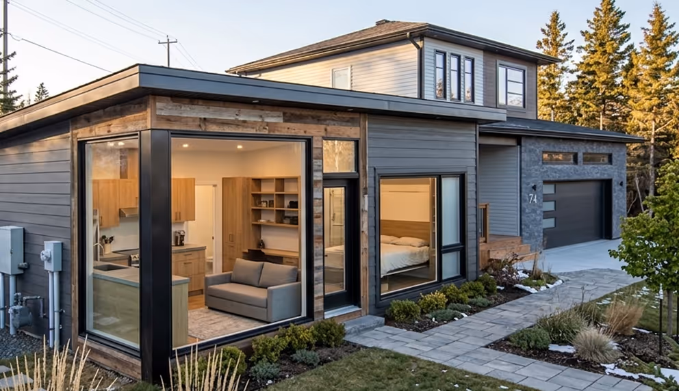 Compact secondary suite ADU in Halifax with modern black and white exterior, large glass doors, and welcoming deck—perfect for Nova Scotia properties