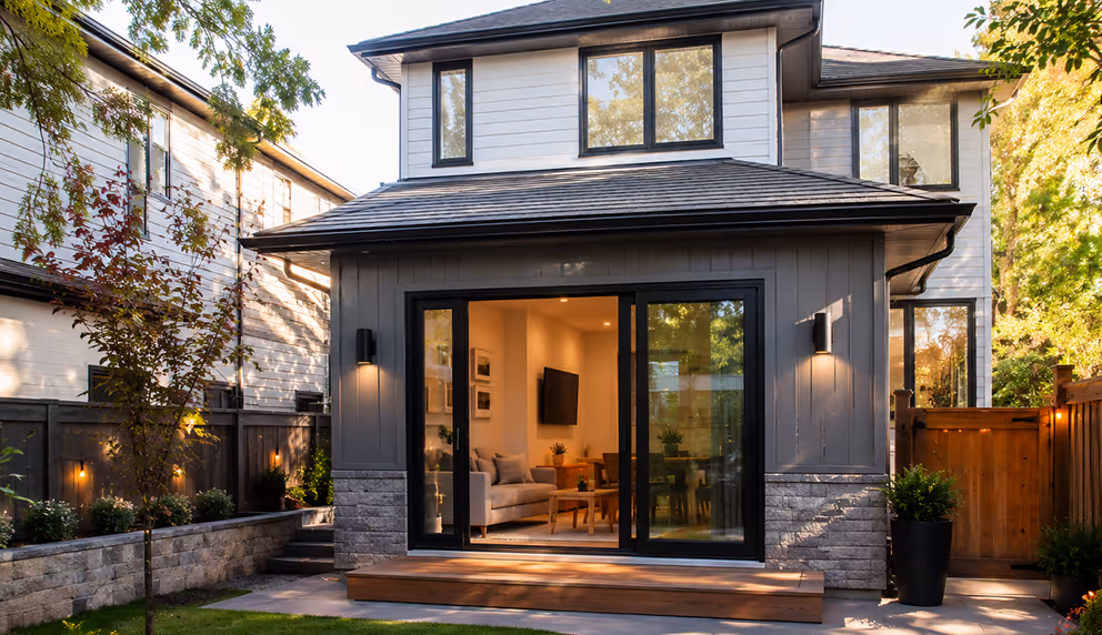 Modern ADU with expansive glass patio doors and warm interior lighting in Halifax, featuring contemporary black frame design