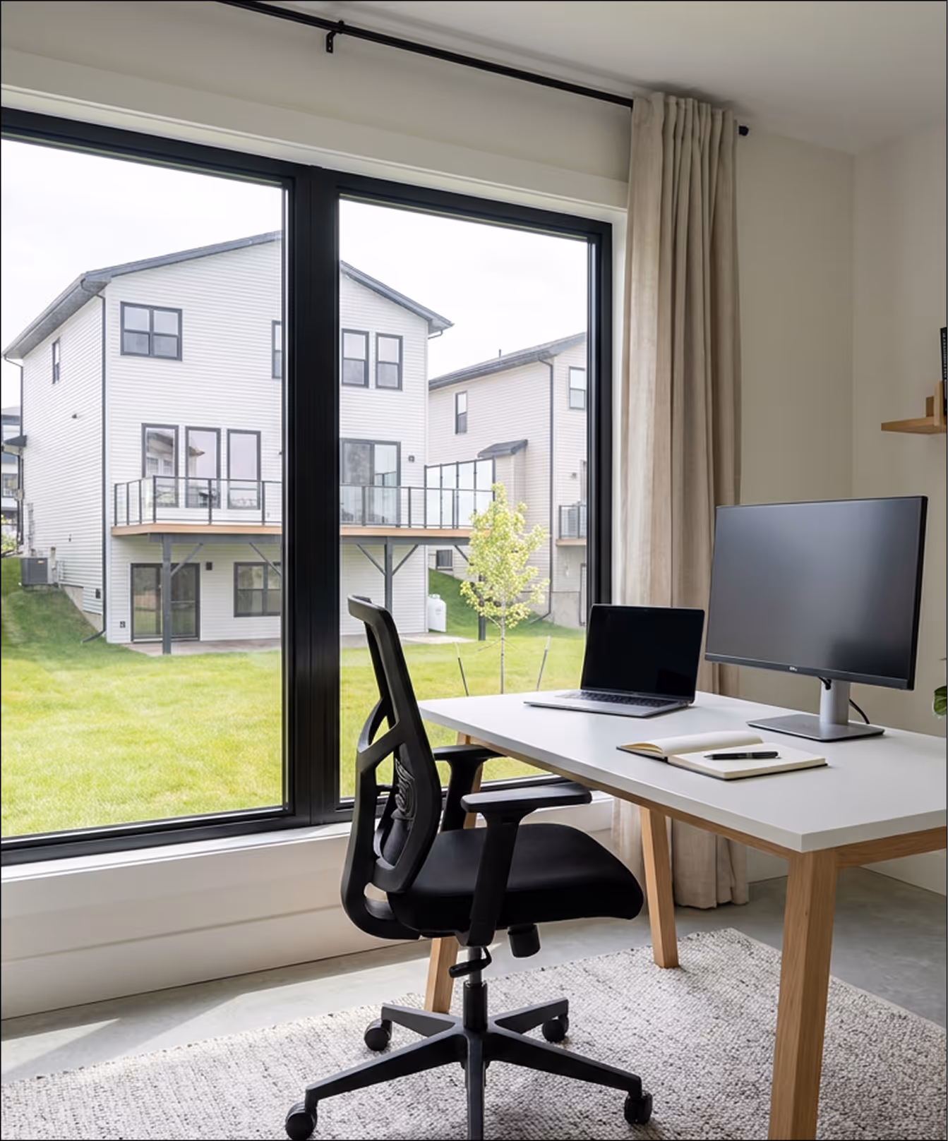 Contemporary backyard office workspace with large glass sliding doors, wooden desk, and view of residential neighborhood in Halifax