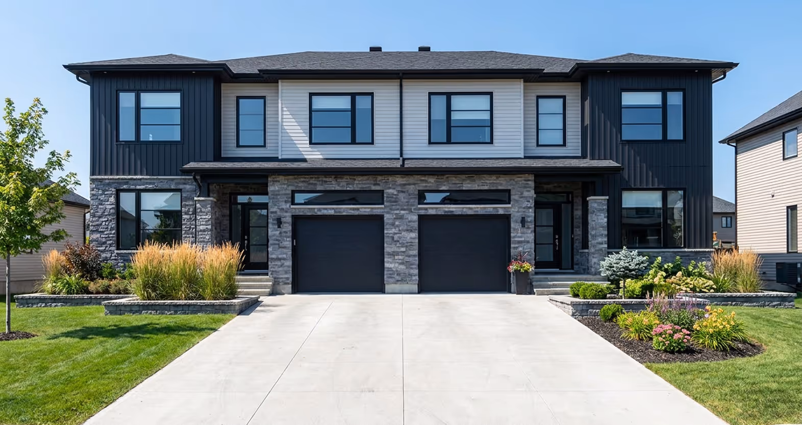 Modern duplex home with black garage doors, stone and siding exterior, manicured landscaping, and contemporary design in Halifax
