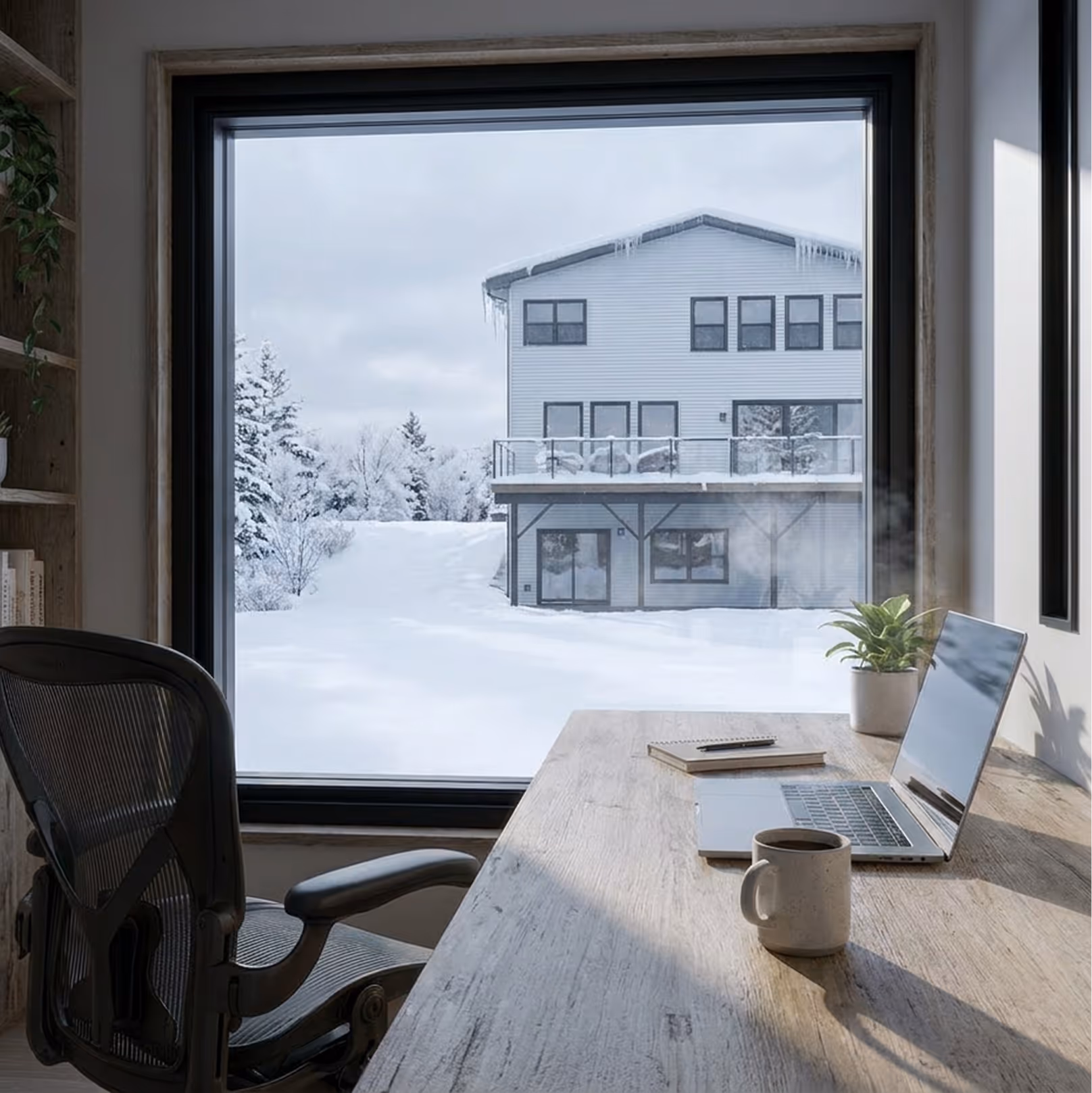 Bright backyard office interior with oversized windows featuring snowy landscape view, desk workspace, and modern minimalist design in Halifax