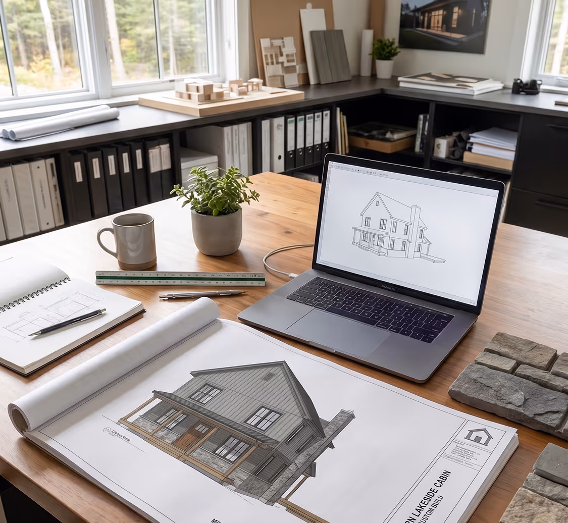 Custom cabin designer workspace showing architectural blueprints, house sketches, laptop CAD design, and building materials for Halifax cabins