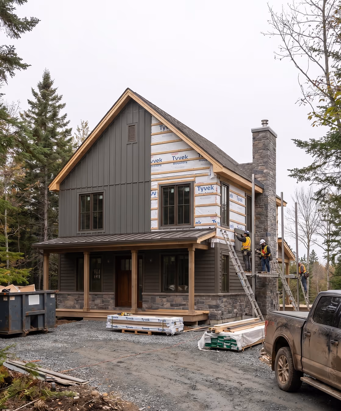 Custom cabin in construction phase with protective wrap, stone foundation, scaffolding, and construction crew in Halifax