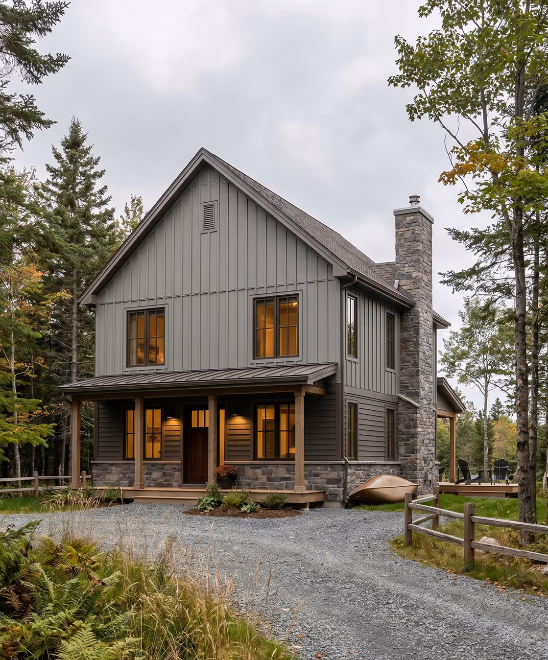 Modern custom cabin in Halifax with gray metal siding, stone chimney, large golden windows, and forest setting