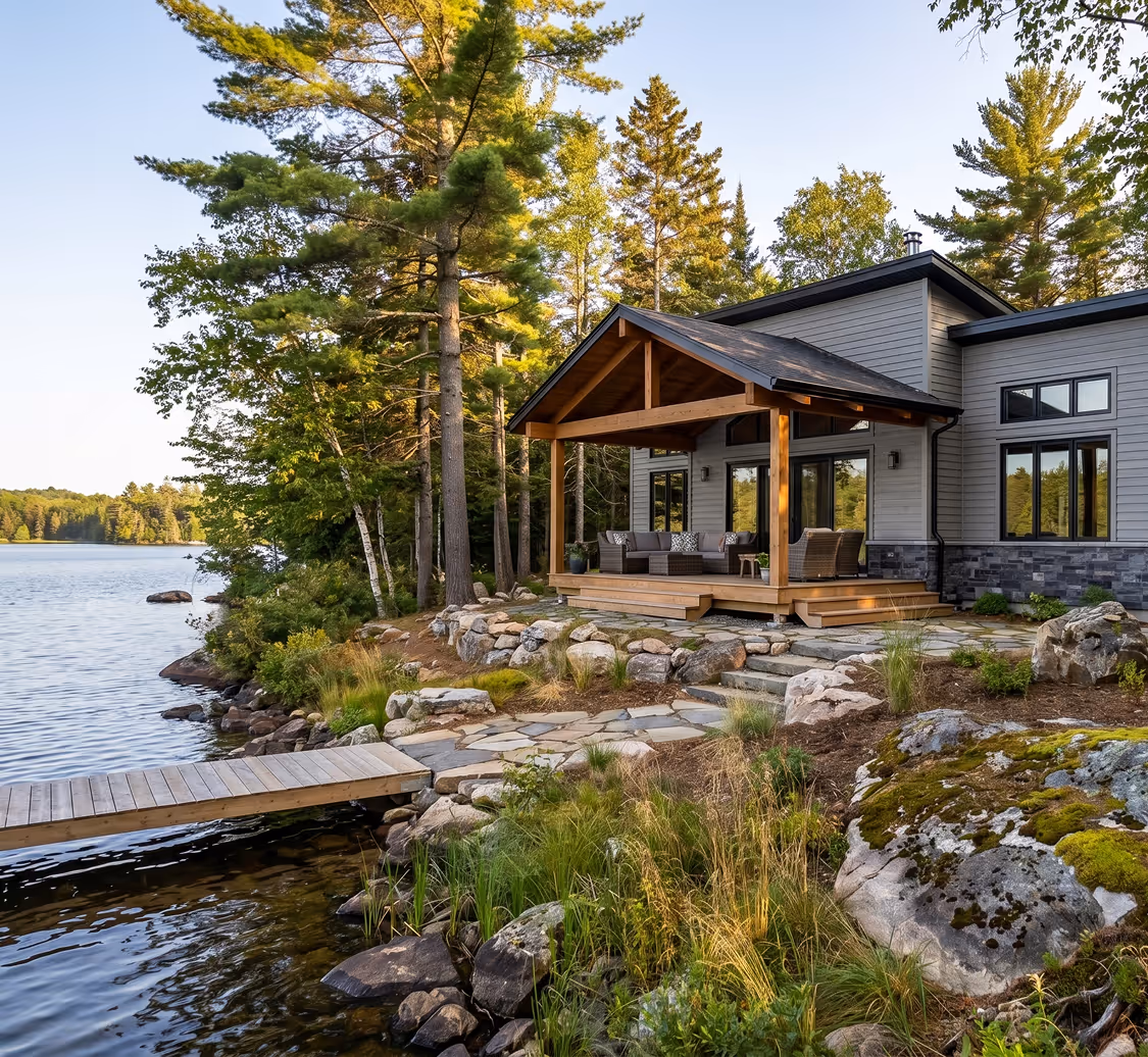 Luxury waterfront home in Halifax with private dock, stone landscaping, and panoramic lake views
