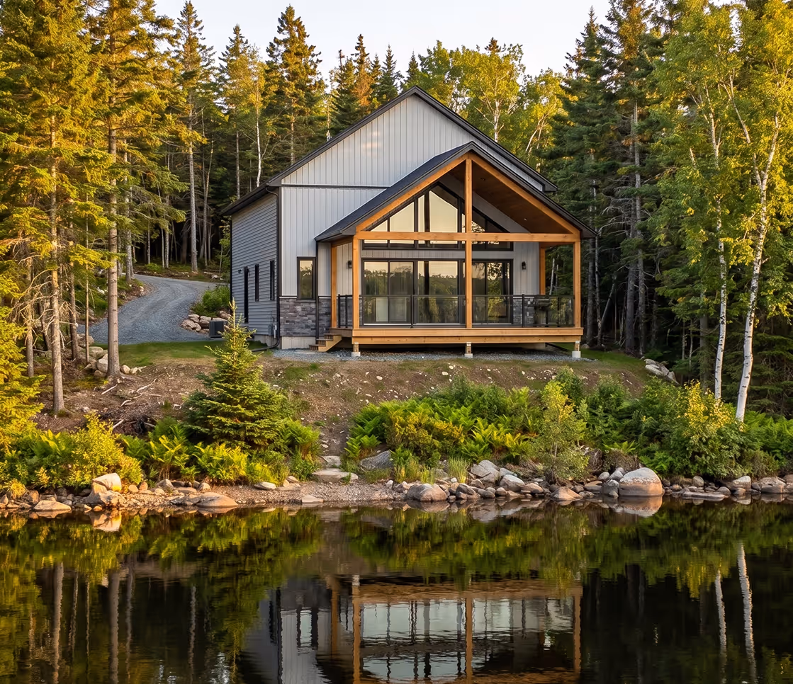 Modern luxury waterfront home in Halifax with wood and stone exterior, large windows, and lake water reflection