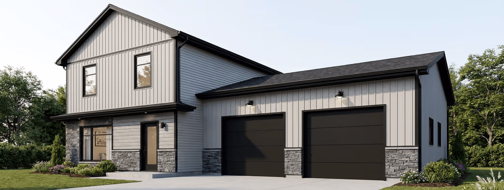 Custom multi-bay garage with stone facade, siding exterior, and upper living space in Halifax
