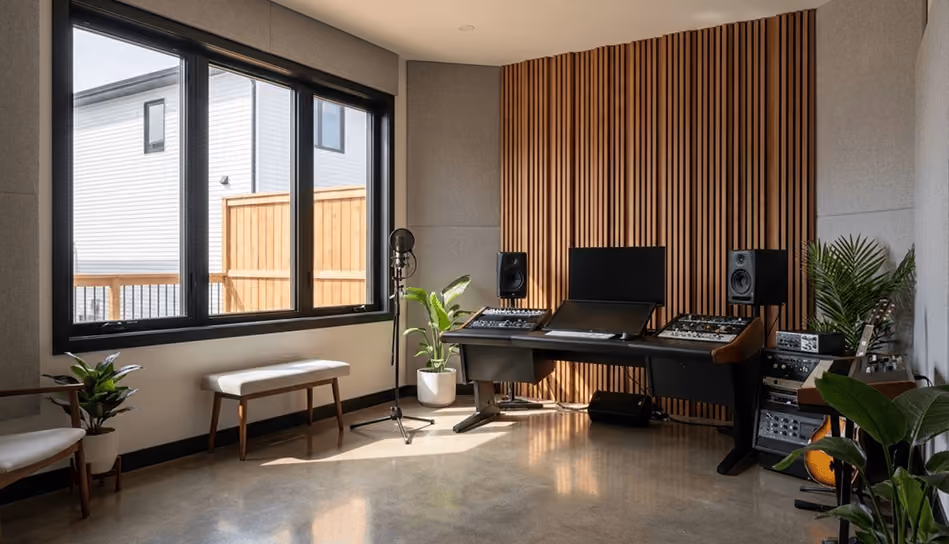 Creative studio space with piano, wooden shelving, music instruments, and natural light in Halifax