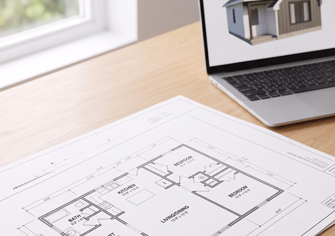Tiny home blueprints and floor plans displayed with laptop for custom small house design