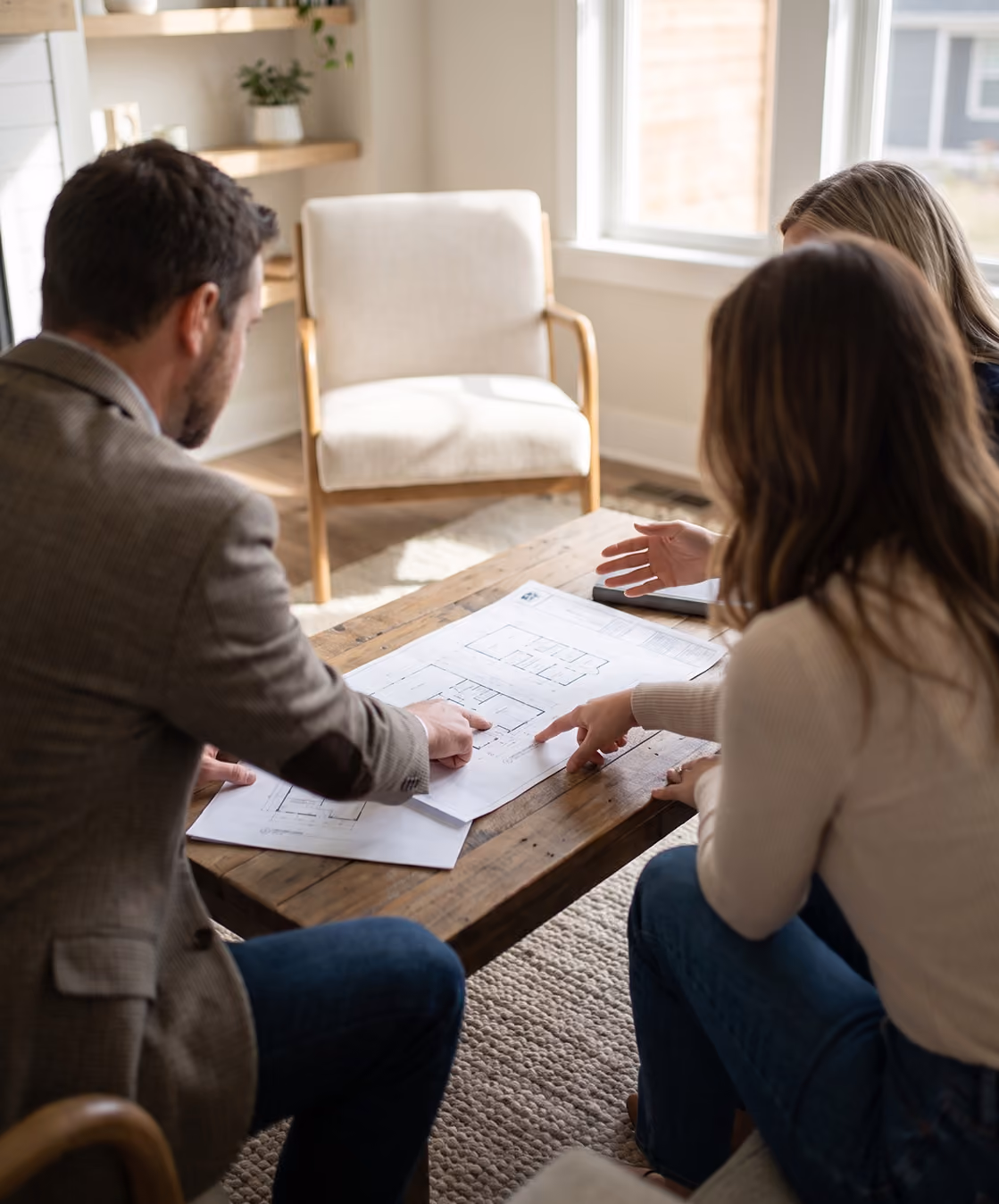 Design team reviewing tiny home and small house floor plans for custom residential project in Halifax