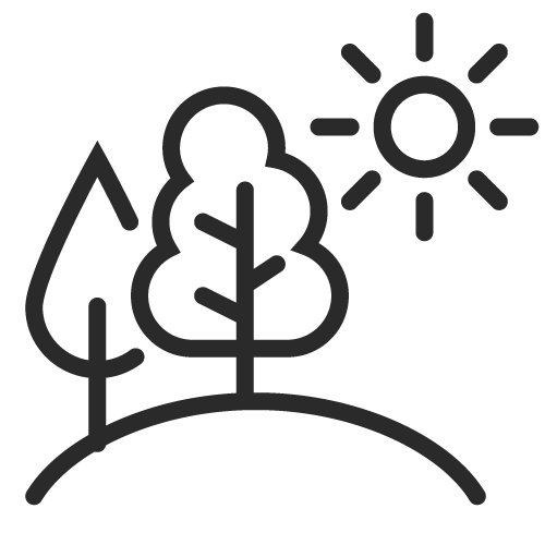 Schematische Darstellung von zwei Bäumen auf einem Hügel mit einer Sonne am Himmel.