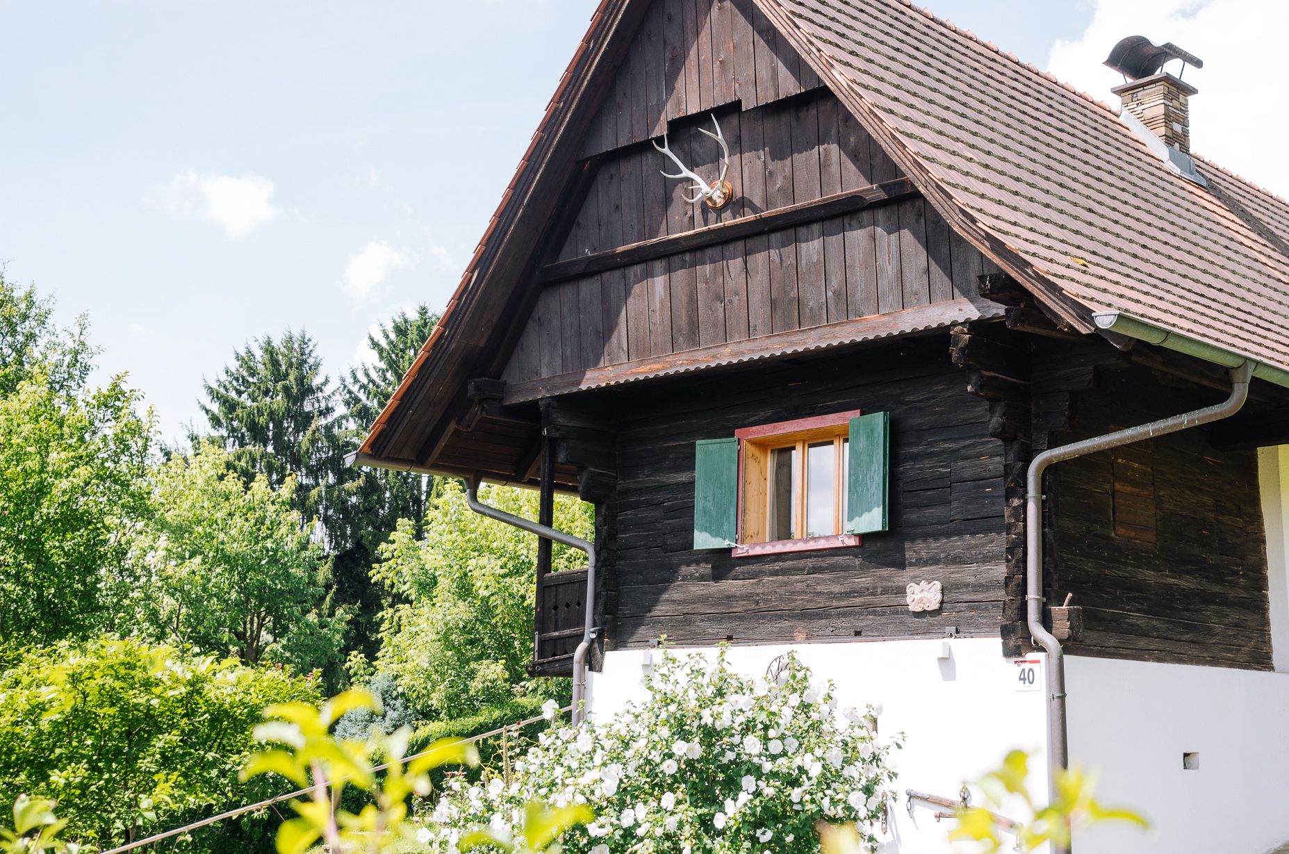 Traditionelles Holzhaus mit grün markiertem Fenster, Garten mit bunten Blumen und hölzernem Zaun im ländlichen Gebiet.