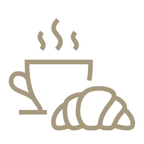 Symbol einer dampfenden Tasse und einem Croissant, repräsentiert Frühstück.