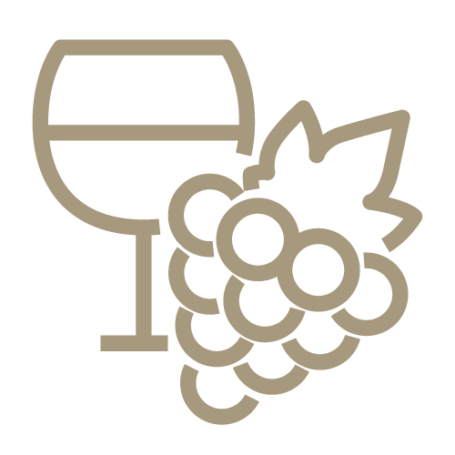 Symbol mit Kelchglas und Trauben, das Wein oder Weinanbau darstellt.