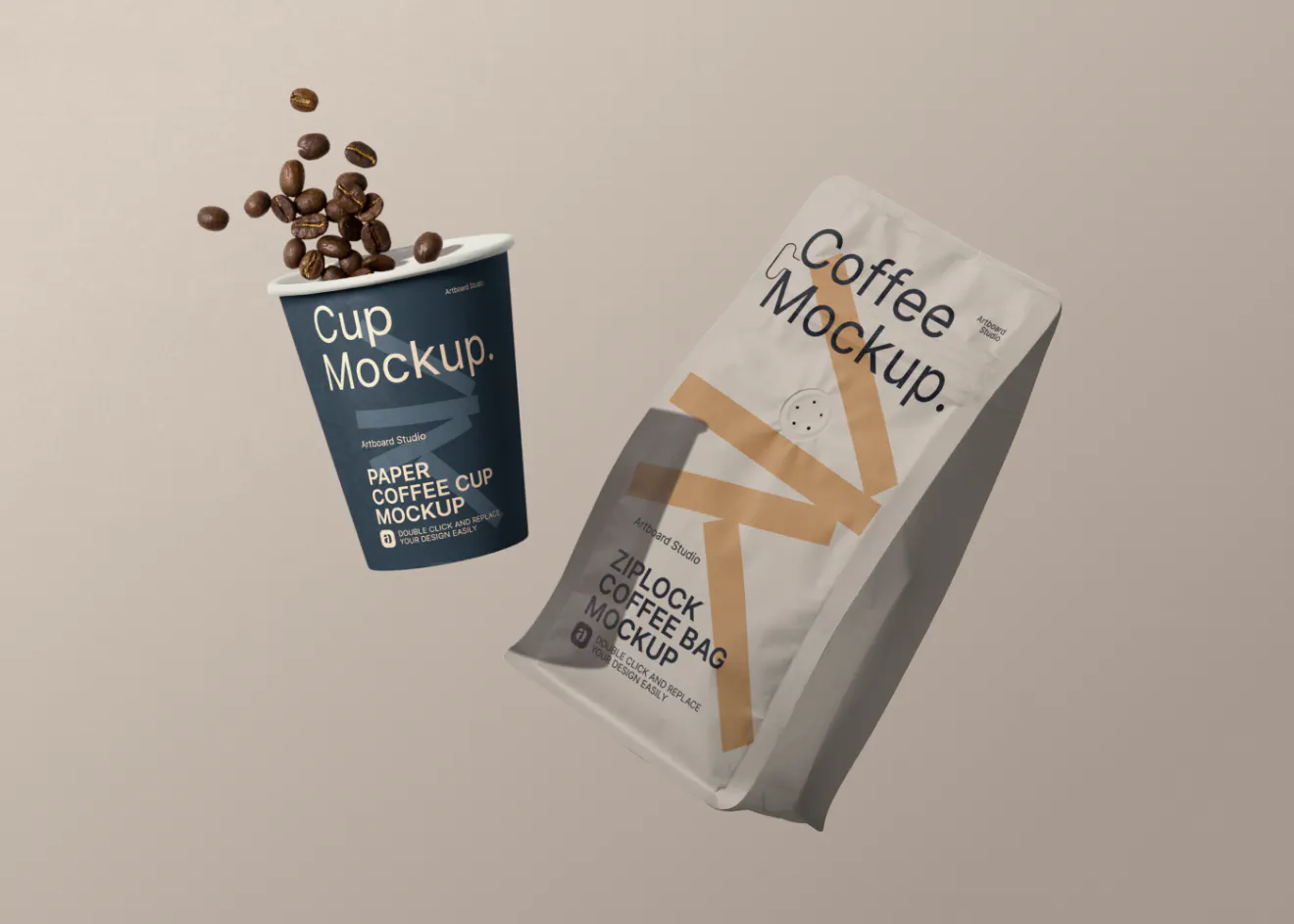 Coffee bag and paper cup mockup