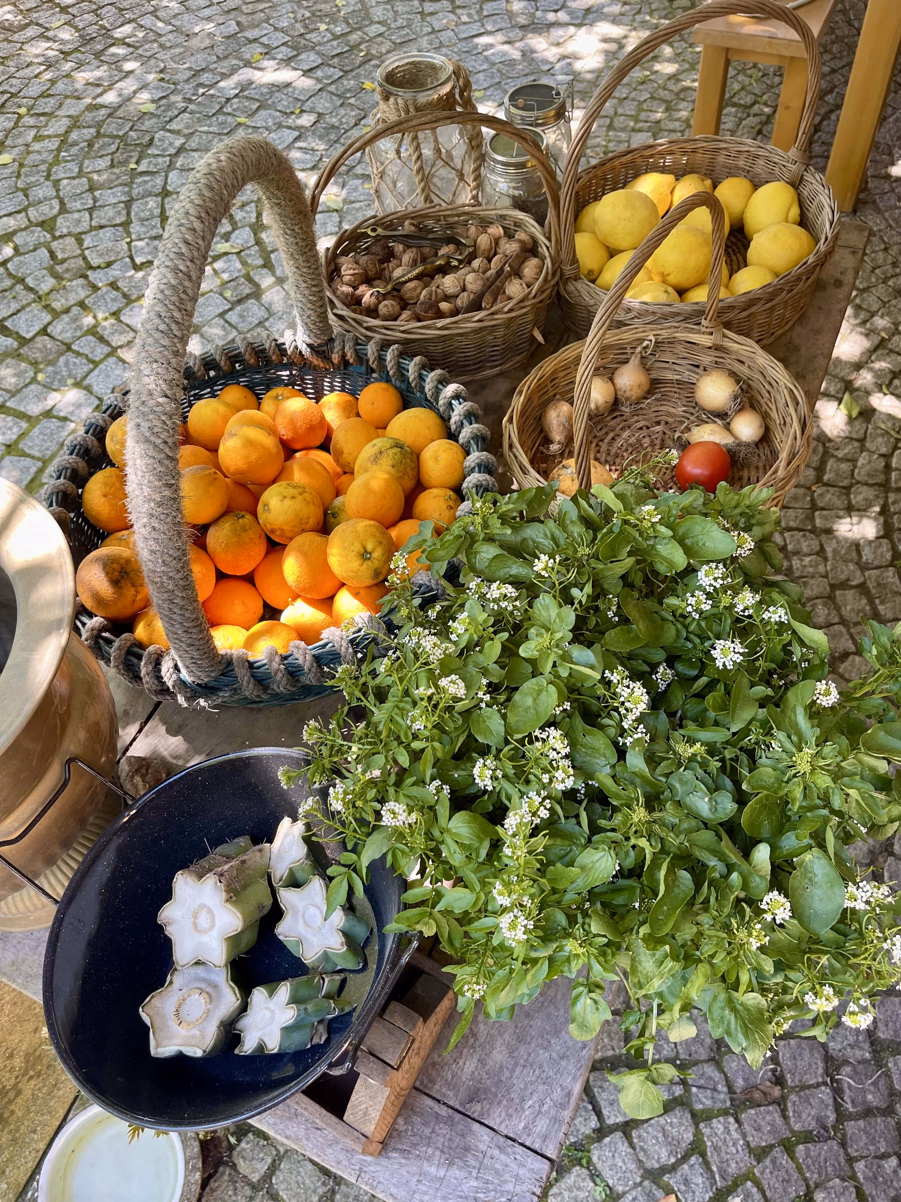 Cestos com fruta, nozes e ervas frescas recolhidas na horta da Casa da Seara