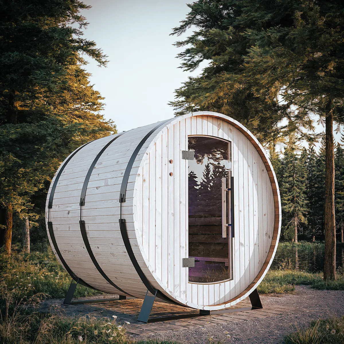 Modern wooden barrel-shaped sauna with glass door situated outdoors among tall evergreen trees.