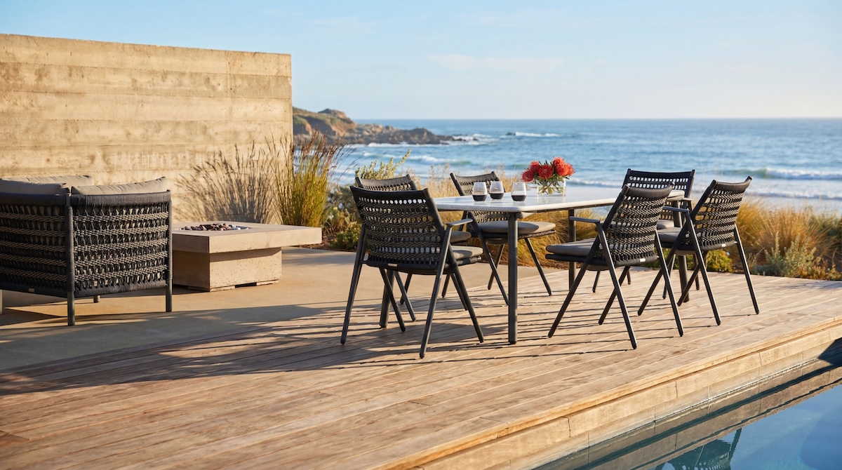 A sunny deck overlooking the ocean next to a pool
