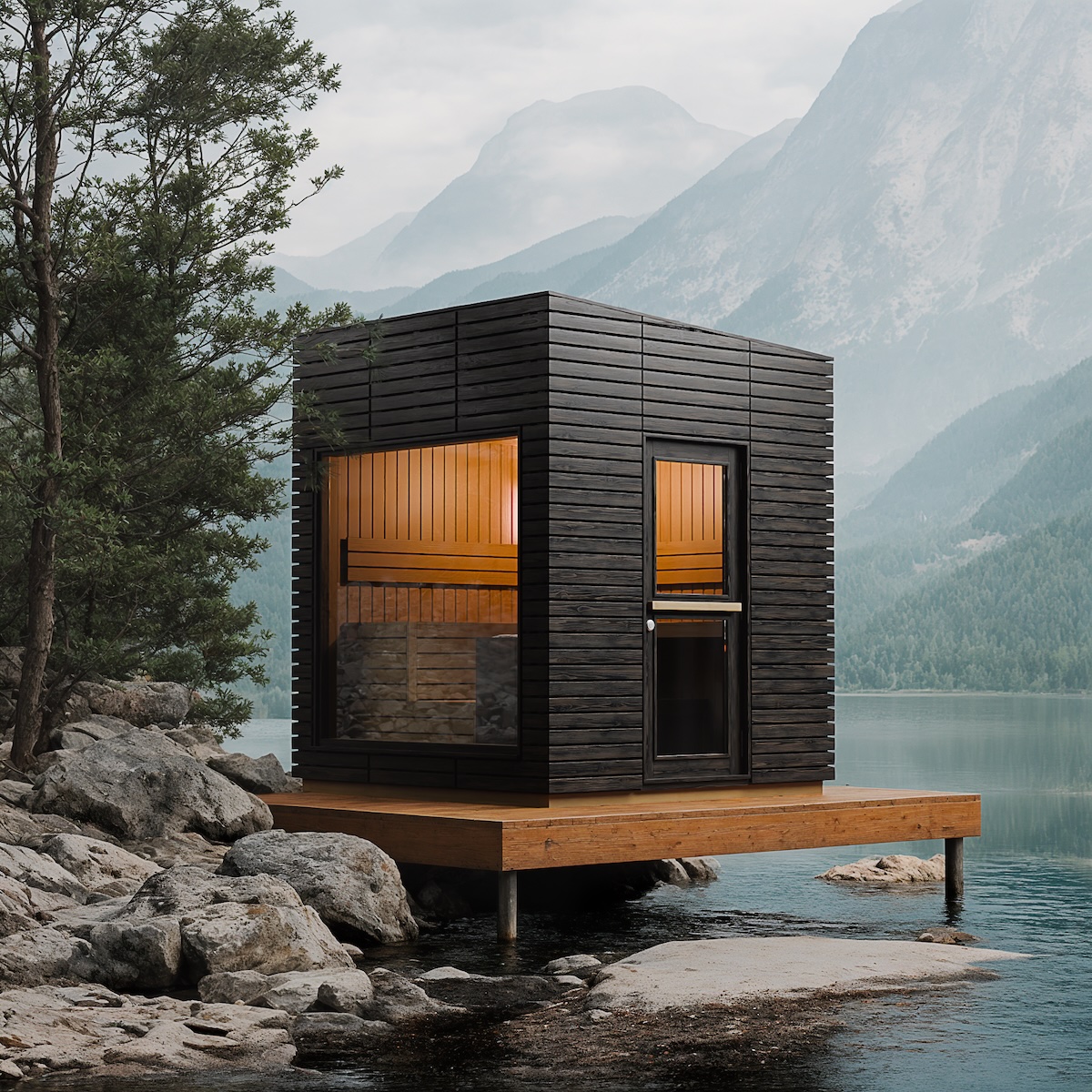 An editorial style image of a sauna on a deck over water with mountains in the background.