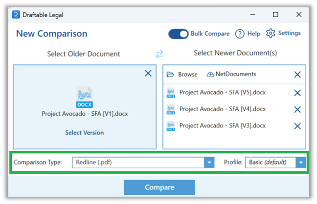 Draftable Legal Bulk Compare launcher