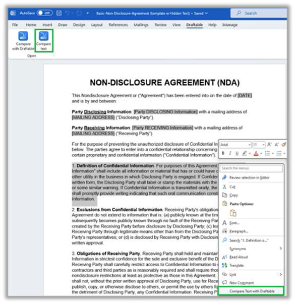 Sample document comparison showing the compare free text feature in Draftable Legal