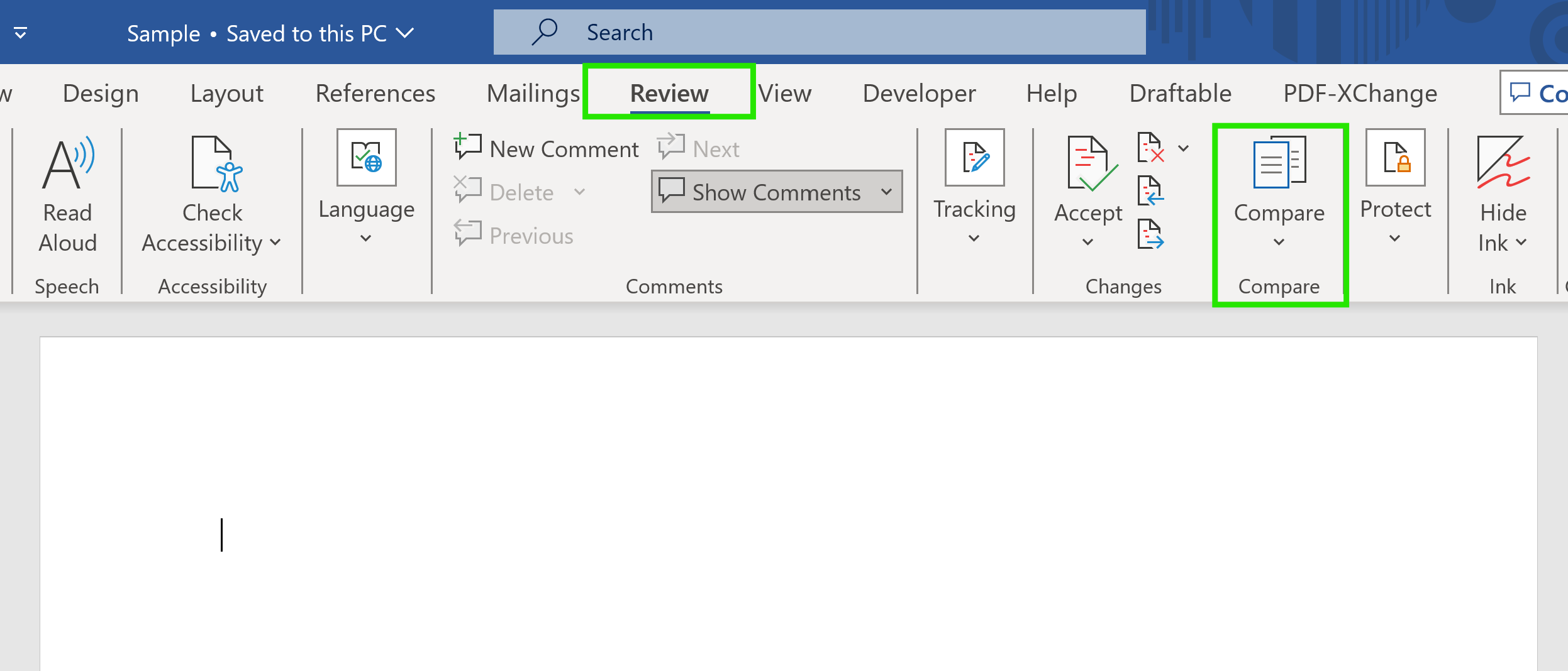 Word document highlighting Compare feature