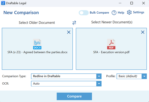 Screenshot of how to upload documents in Draftable Legal launcher