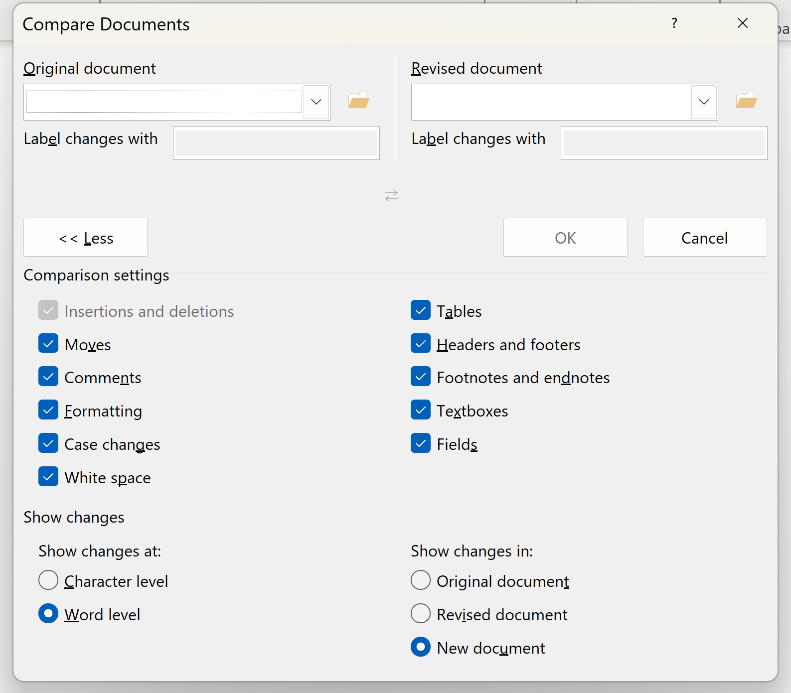 Word Compare Documents window