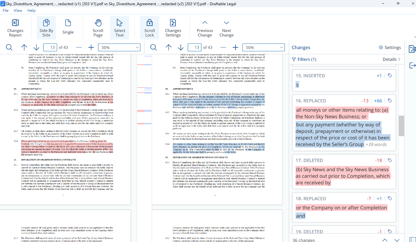 Screenshot of the Draftable viewer for side by side comparisons