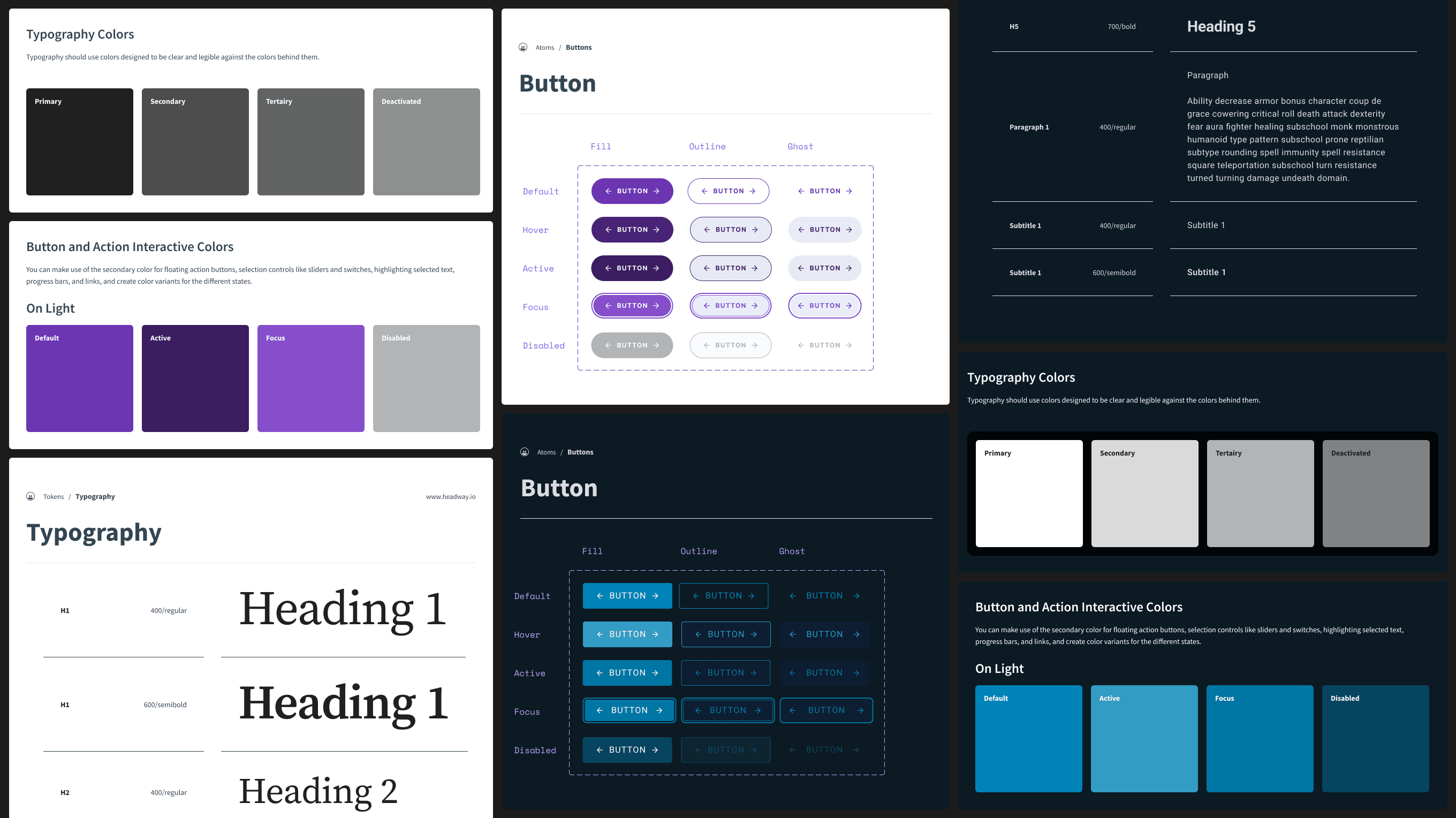 Design system documentation showing typography tokens, button states, color variables, and UI components