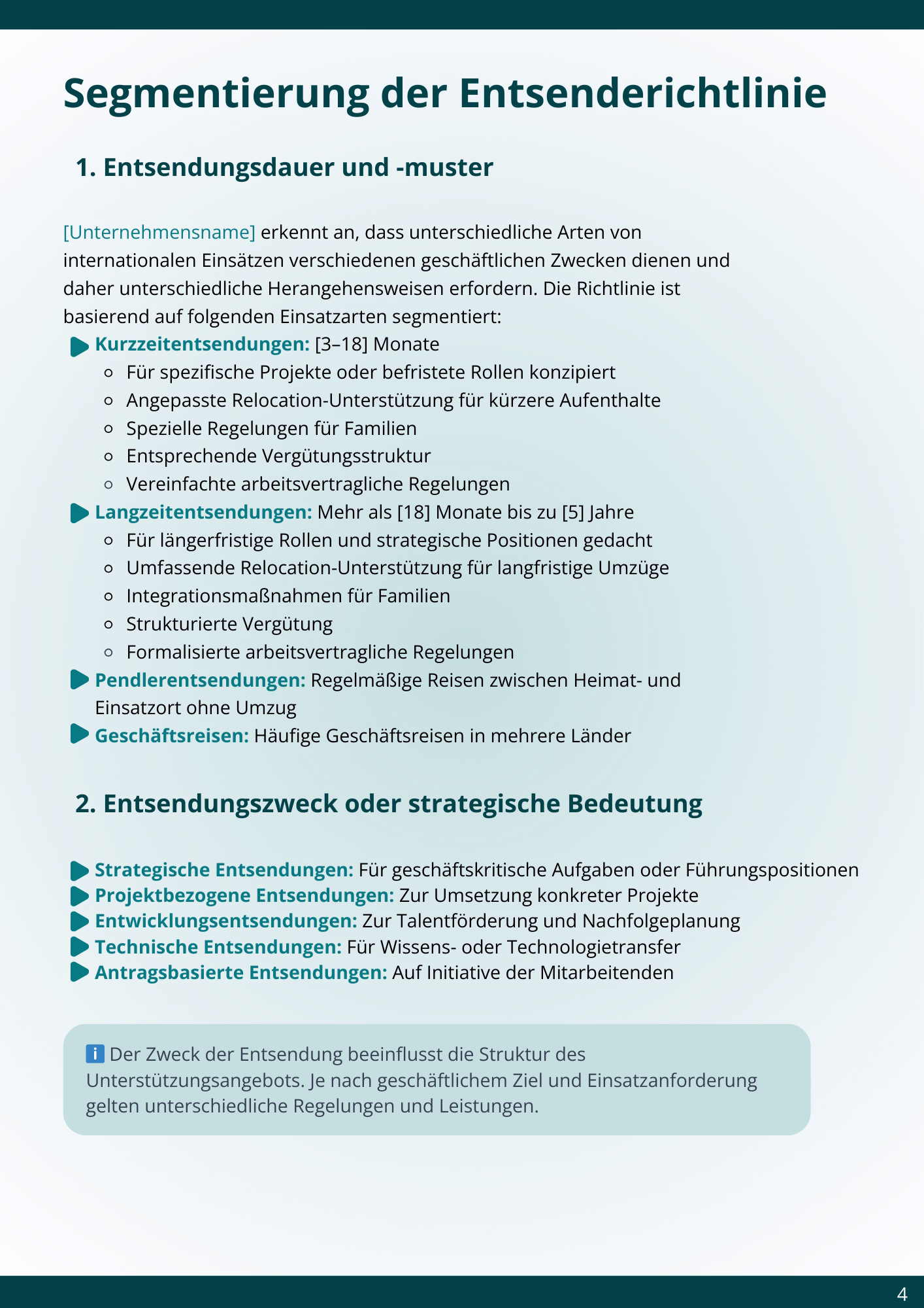 Document page outlining segmentation of assignment policy by duration and purpose including categories like short-term, long-term, commuter, and business travel assignments with corresponding conditions and support details.