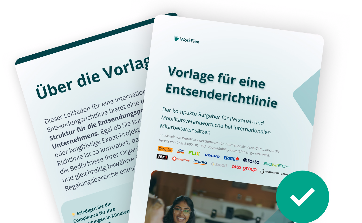 Two German-language guide documents, one titled 'Vorlage für eine Entsenderichtlinie' about international assignment policies with logos of various companies and the other partially visible behind it.